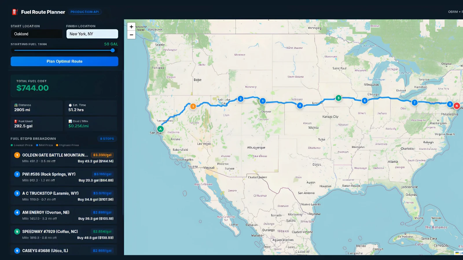 FuelRoute Planner route dashboard